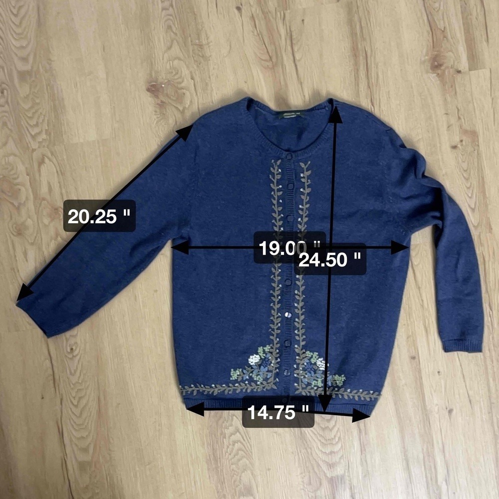 VTG Cottagecore Floral Embroidered Cotton Cardigan Eddie Bauer L Navy Blue Japan - Picture 9 of 10